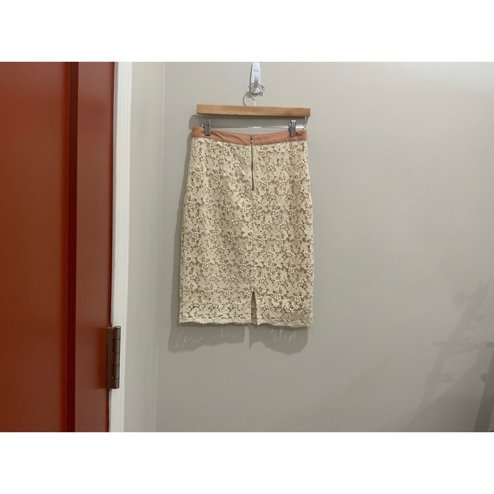 Champagne & Strawberry Floral Lace Pencil Skirt Cream Blush Gold Zip L